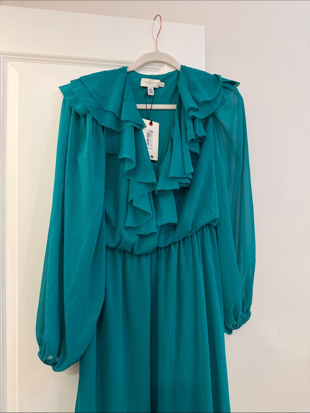 Ted Baker Teal Ruffle V-Neck Maxi Dress with Billowy Sleeves